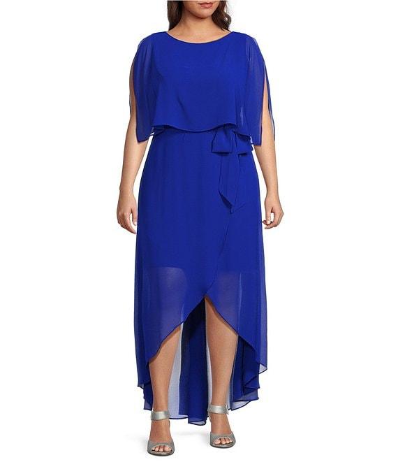 Jessica Howard Plus Size Short Sleeve Crew Neck Tie Waist Chiffon Hi-Low Maxi Dress Product Image