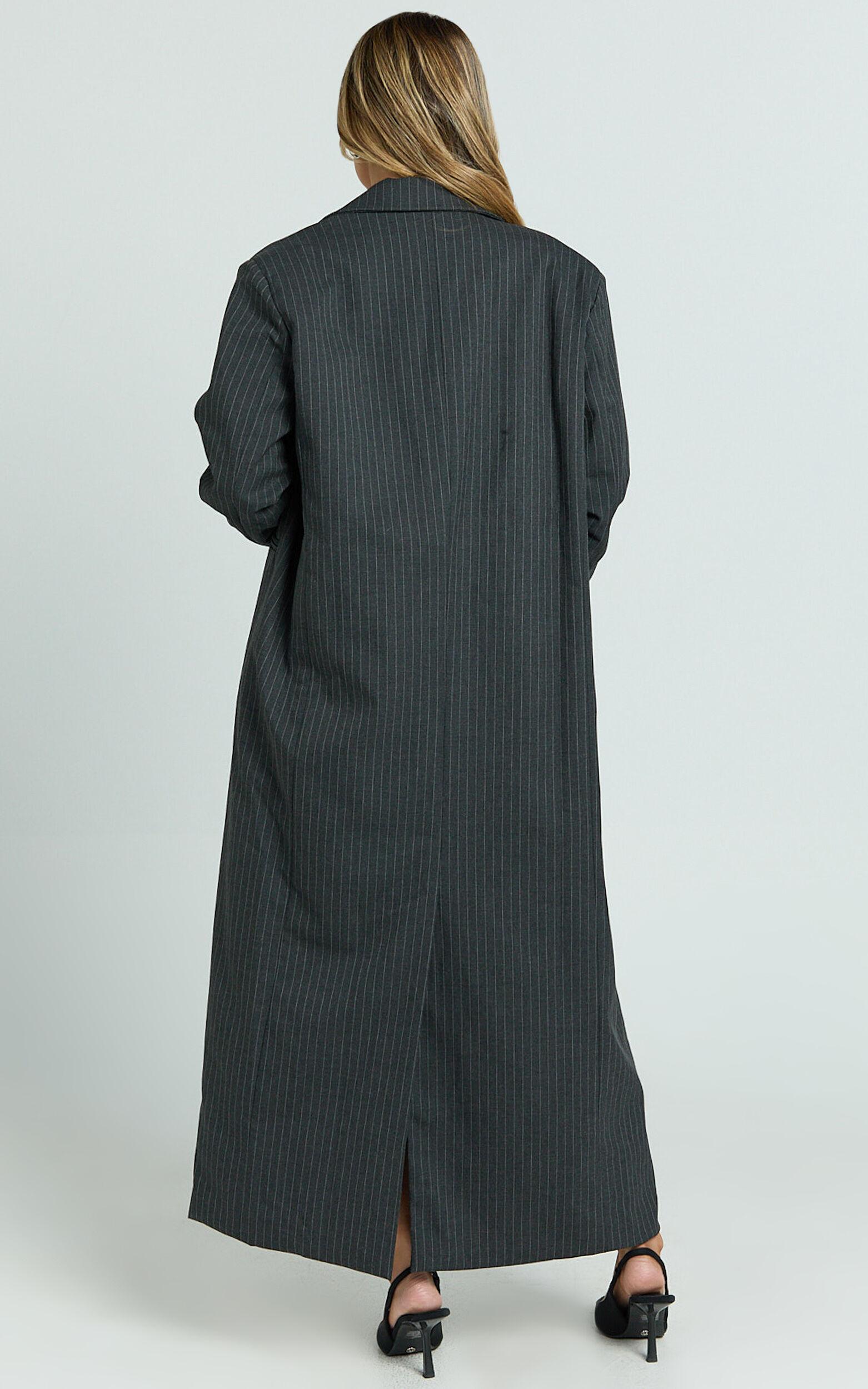 Camille Coat - Pinstripe Single Breasted Longline Coat in Charcoal Product Image