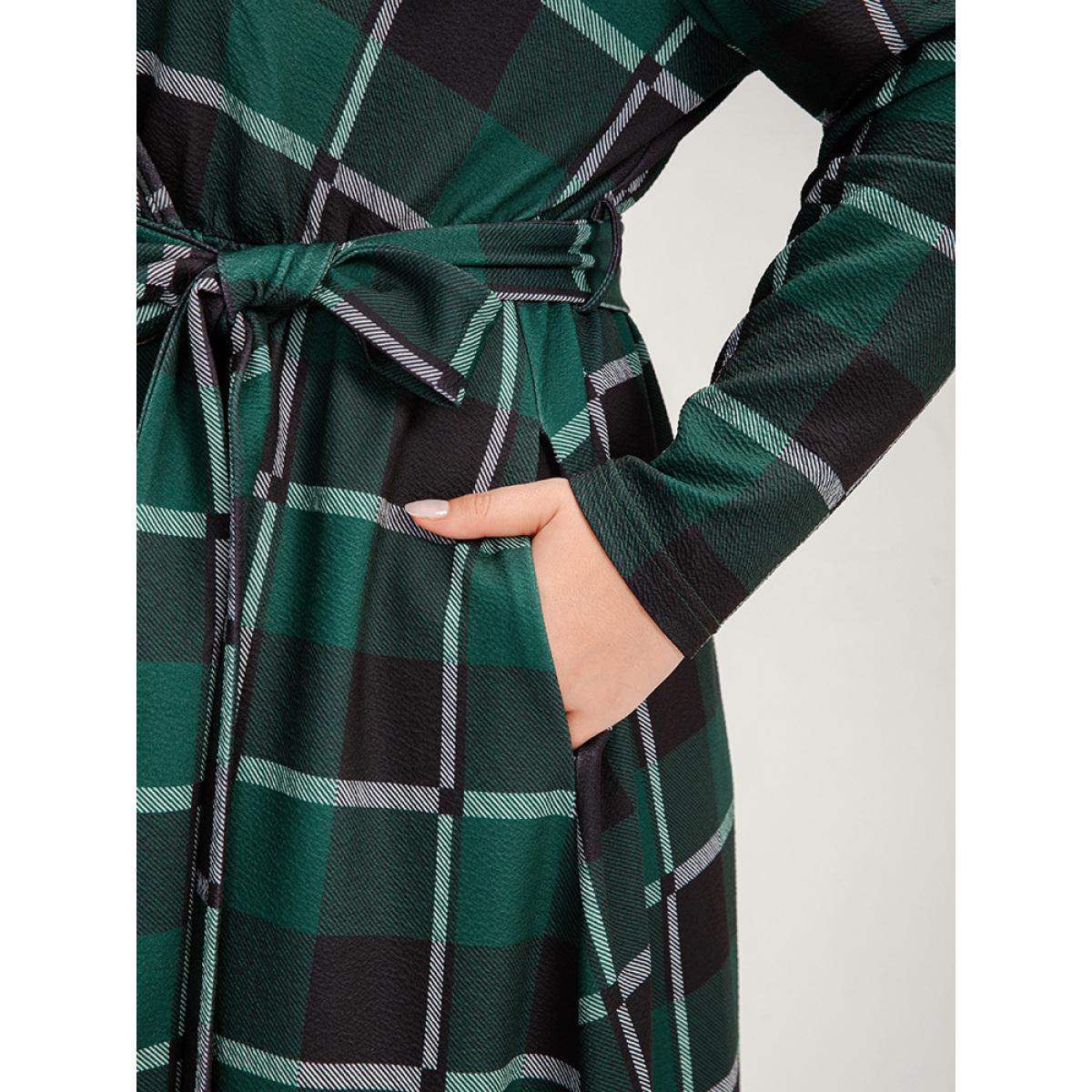 Plus Size Plaid Surplice Neck Pocket Belted Midi Dress Green Women Casual Cross straps V-neck Long Sleeve Curvy Midi Dress BloomChic 10/M Product Image