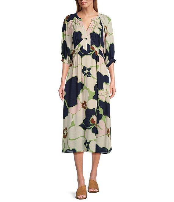 Nurture by Westbound Floral V-Neck 3/4 Sleeve Midi Dress Product Image