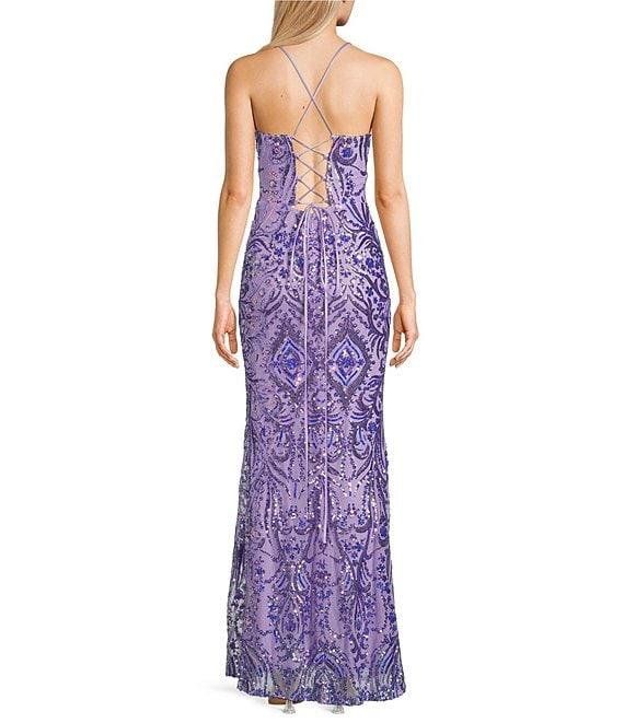 Blondie Nites Sequin Pattern Pinch Front Spaghetti Strap Tie Back Gown Product Image