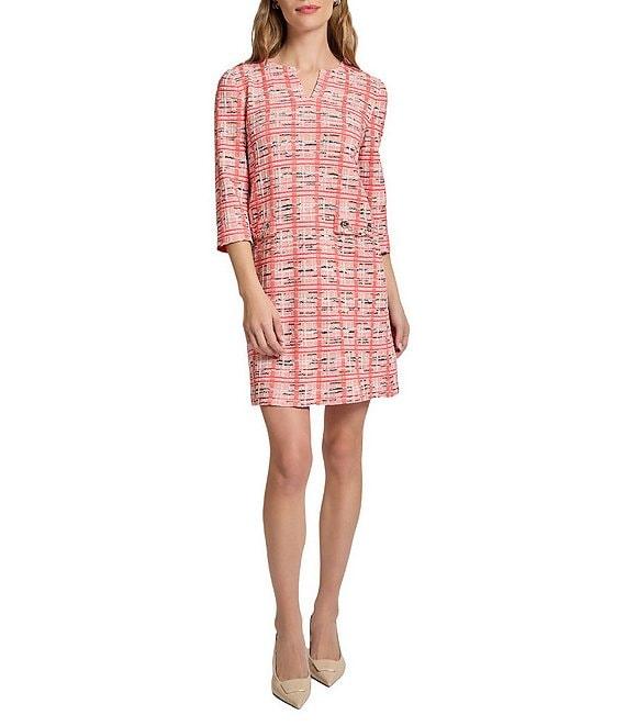 Ming Wang Multi Plaid Split V-Neck 3/4 Sleeve Sheath Dress Product Image
