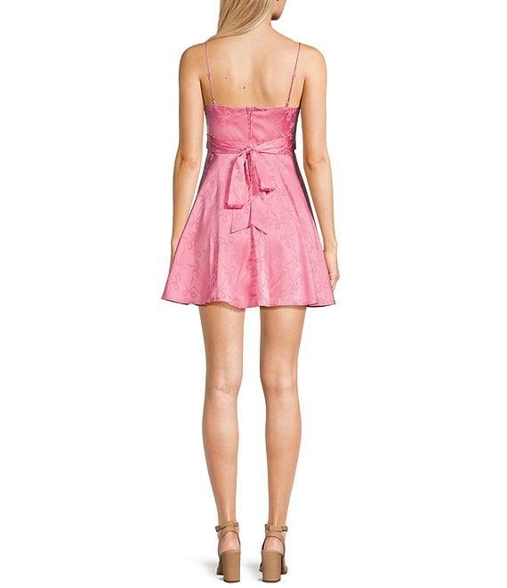 B. Darlin Satin Bow Print V-Neck Spaghetti Strap Skater Dress Product Image