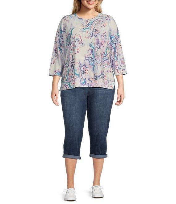 Westbound Plus Size Hazy Paisley Knit 3/4 Sleeve Crew Neck Ribbed Detail Print Top Product Image