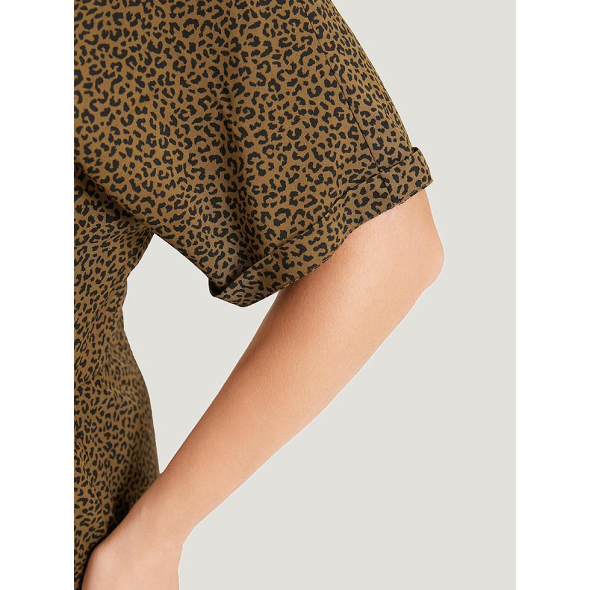Plus Size Leopard Print V Neck Button Detail Dolman Sleeve Dress Bronze Women Elegant Button V-neck Short sleeve Curvy Knee Dress BloomChic 14-16/1X Product Image