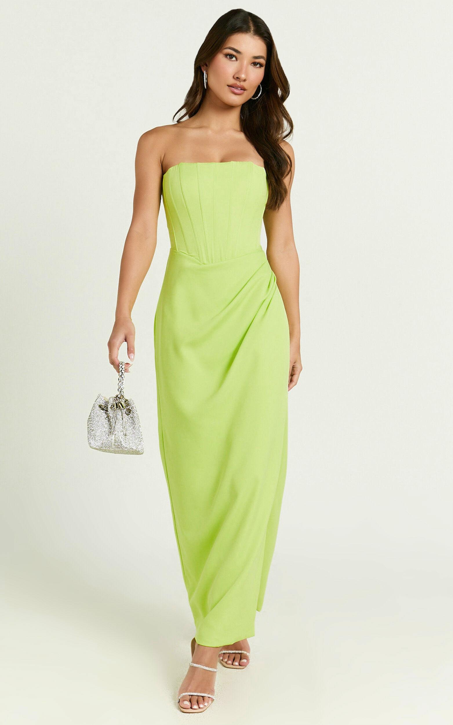 Avery Midi Dress - Strapless Draped Side Split Dress in Lime Product Image