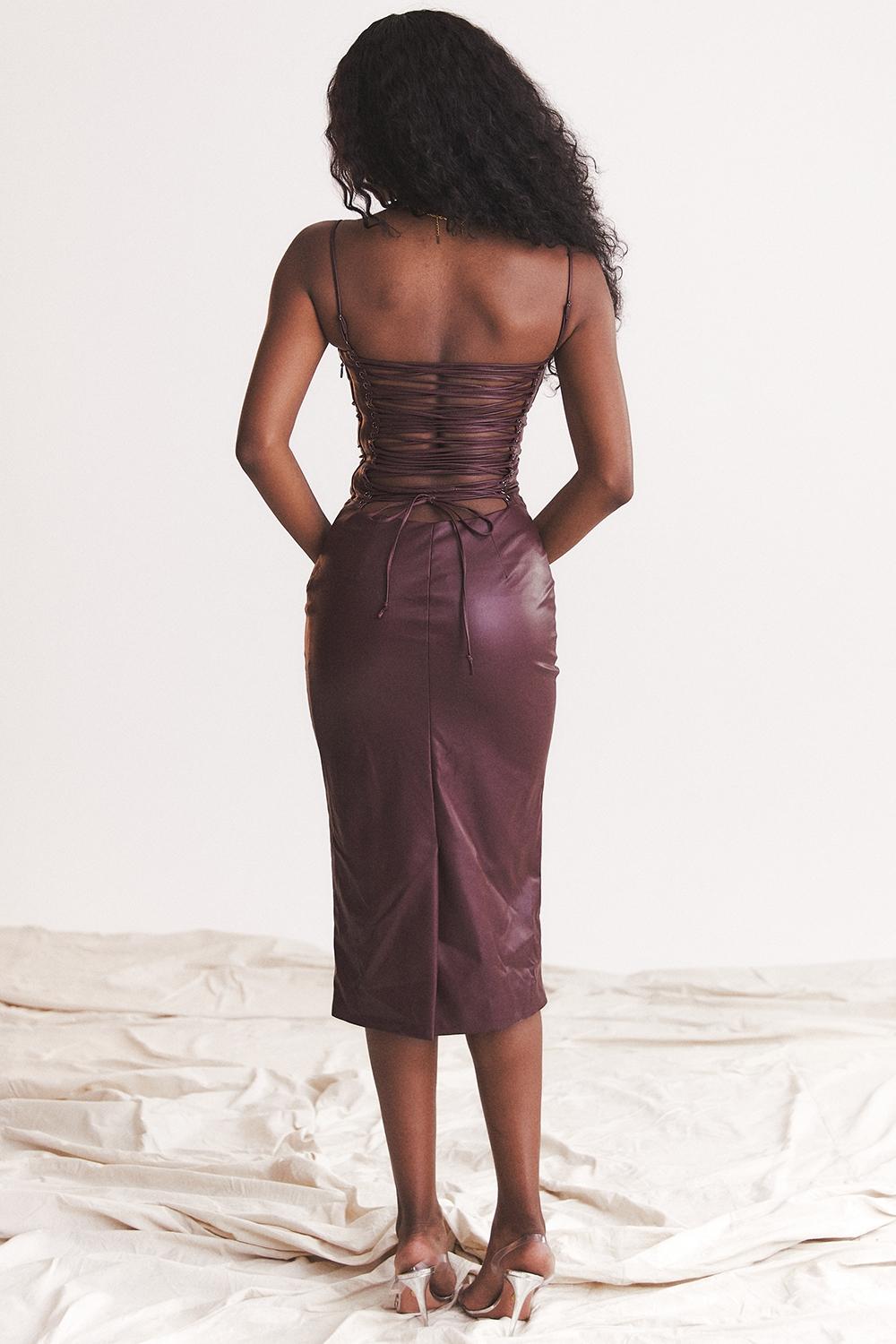 Jalena  mulberry vegan leather lace back dress Product Image