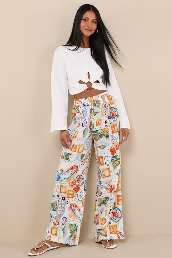 Eydis Ivory Multi Print Wide-Leg Drawstring Pants Product Image