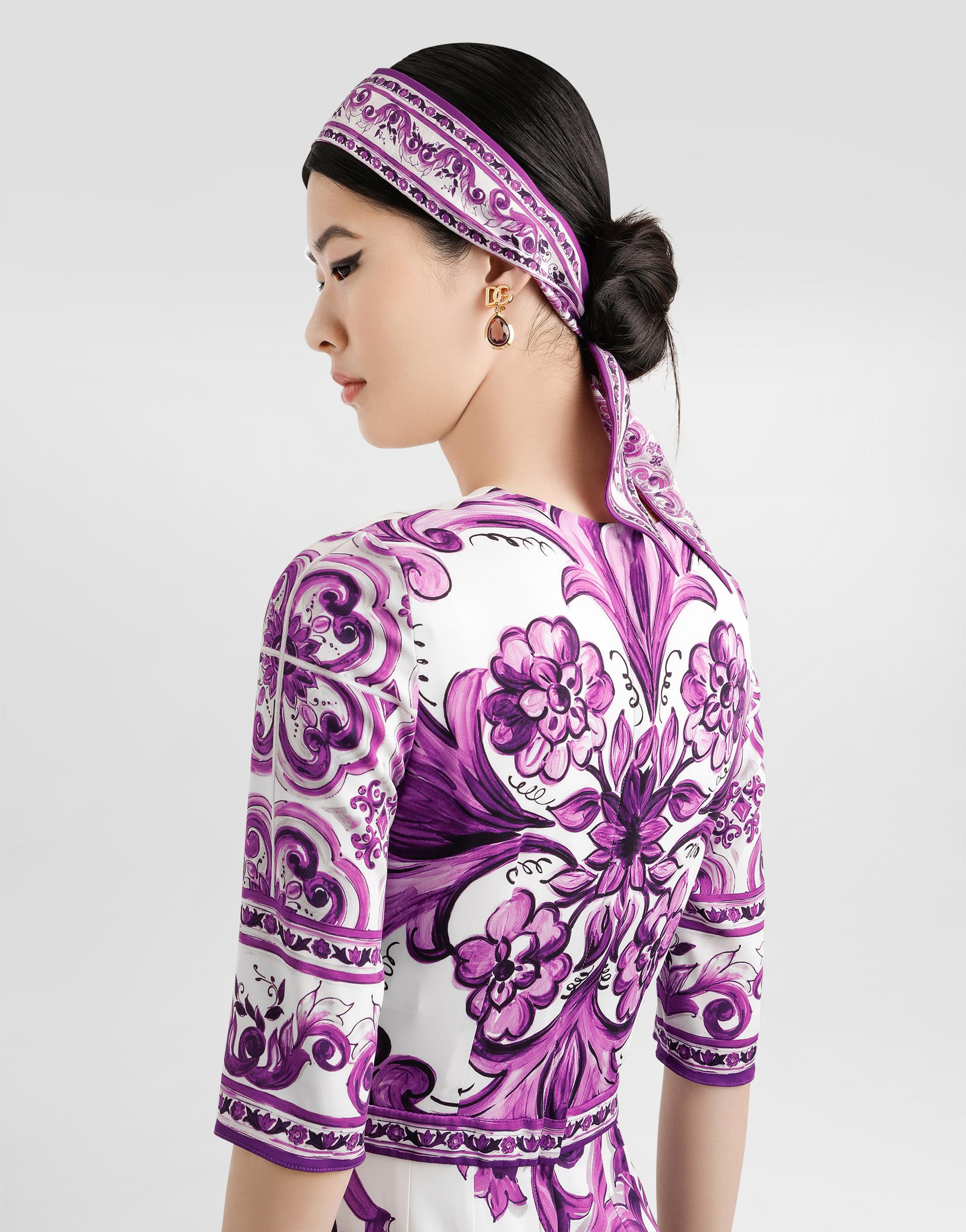 DOLCE & GABBANA Violet Crewneck Dress With Rear Zip Closure And All-over Floral Print In Silk Stretch Woman In Purple Product Image
