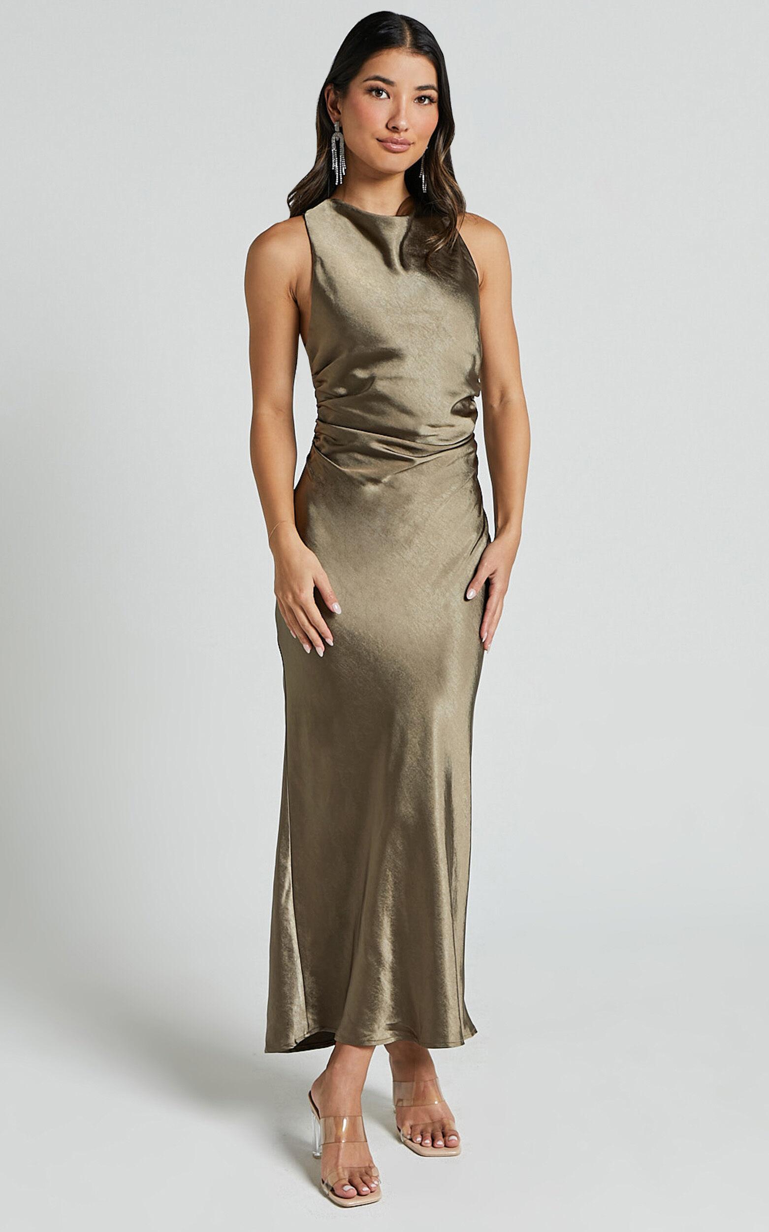 Aluna Midi Dress - High Neck Cross Back Satin Slip Dress in Olive Product Image