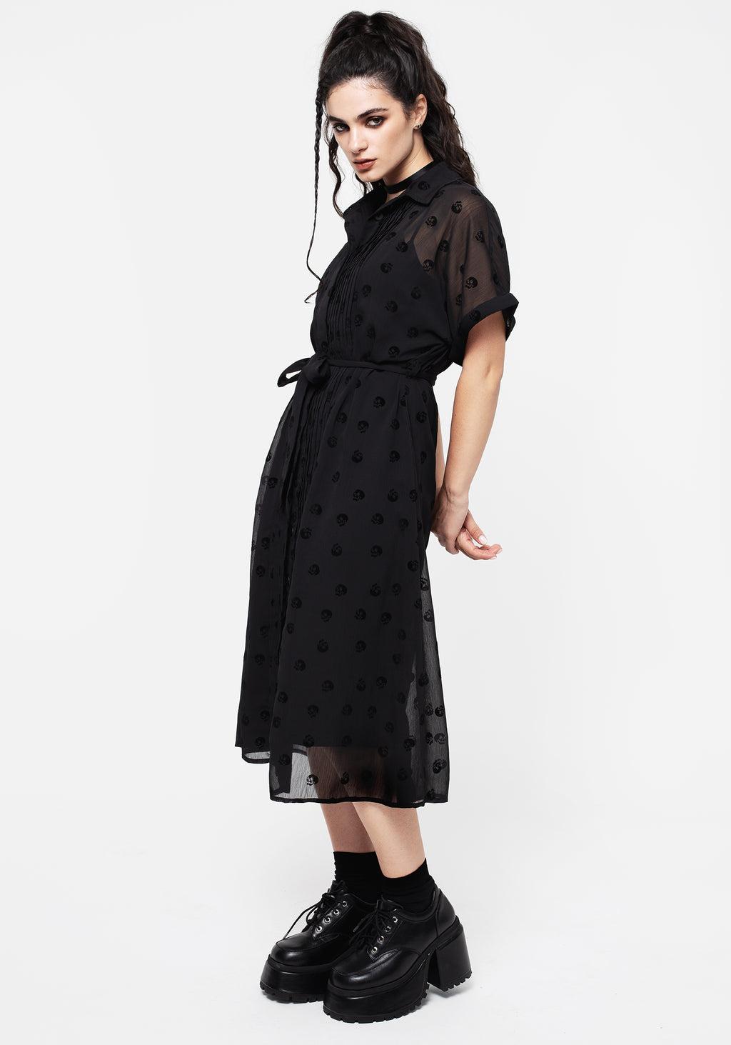 Bones Flocked Pintuck Chiffon Midi Shirt Dress Product Image