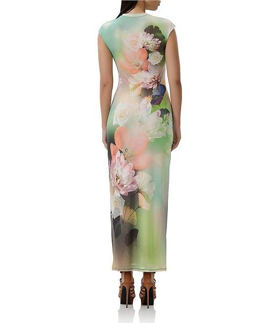 AFRM Cody Floral Placement Print Mesh Crew Neck Cap Sleeve Maxi Dress Product Image