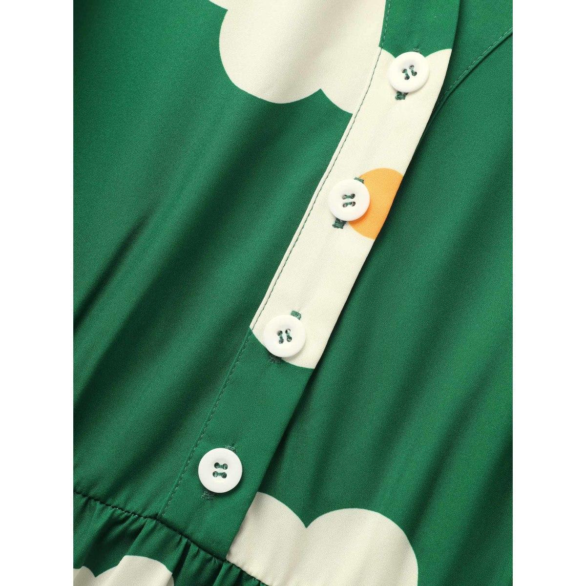 Plus Size Notched Collar Floral Button Up Ruffles Dress DarkGreen Women Casual Button Notched collar Half Sleeve Curvy BloomChic 28/5X Product Image