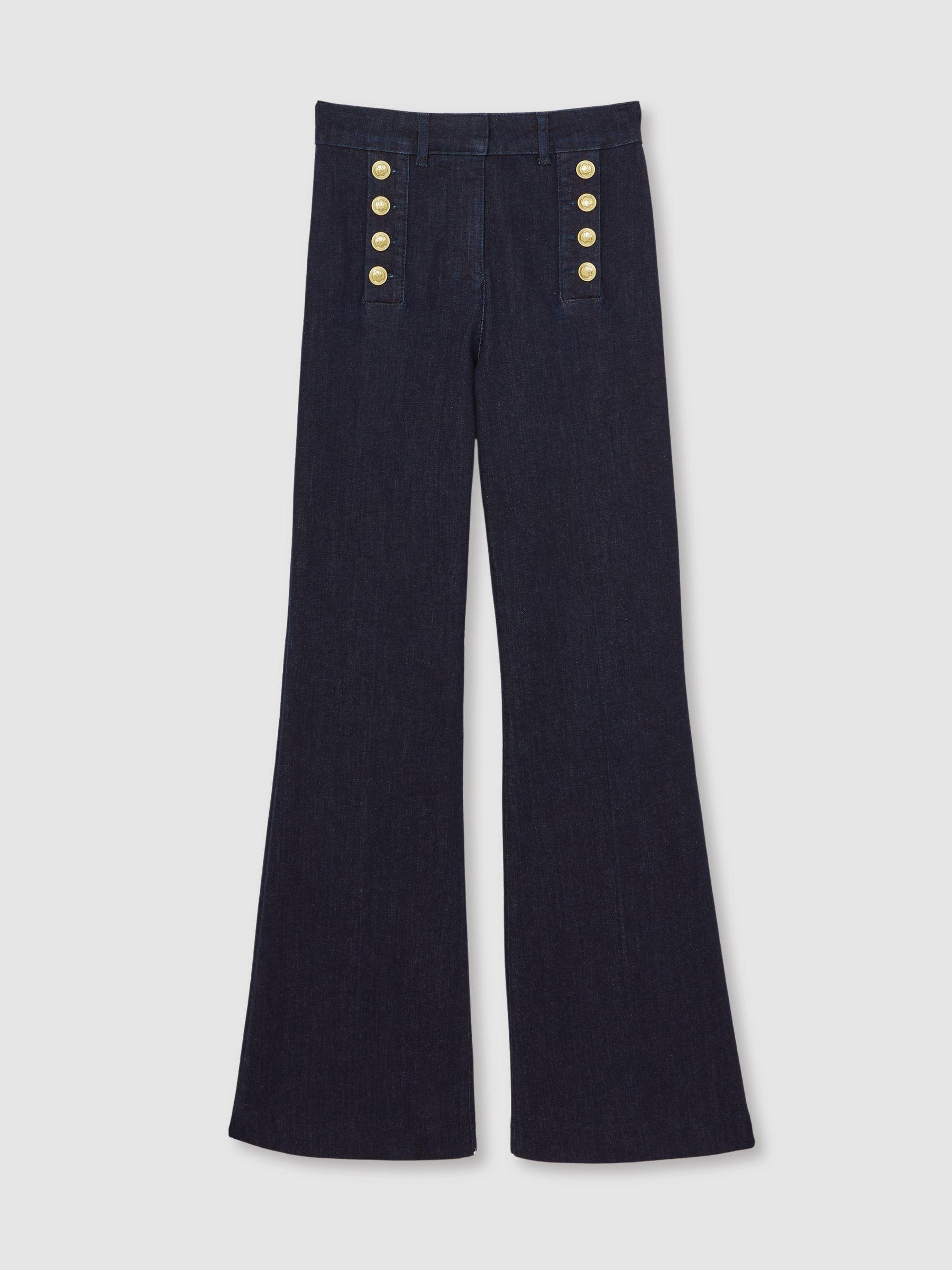 Petite Button-Detail High-Rise Flared Jeans in Dark Blue Product Image