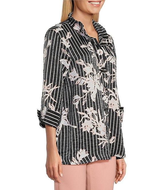 Multiples Shimmer Woven Floral Wire Collar 3/4 Turn-Up Cuff Sleeve Button-Front Shirt Product Image