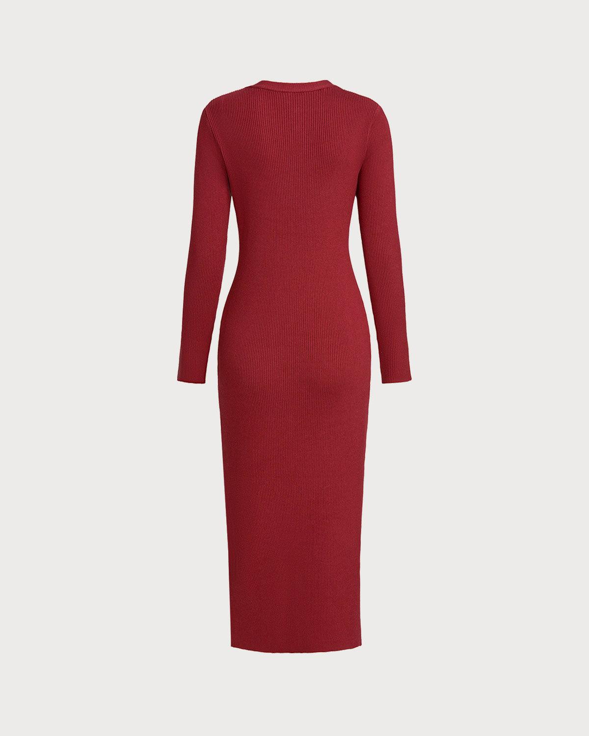 Wine Red V Neck Button Sweater Dress Product Image