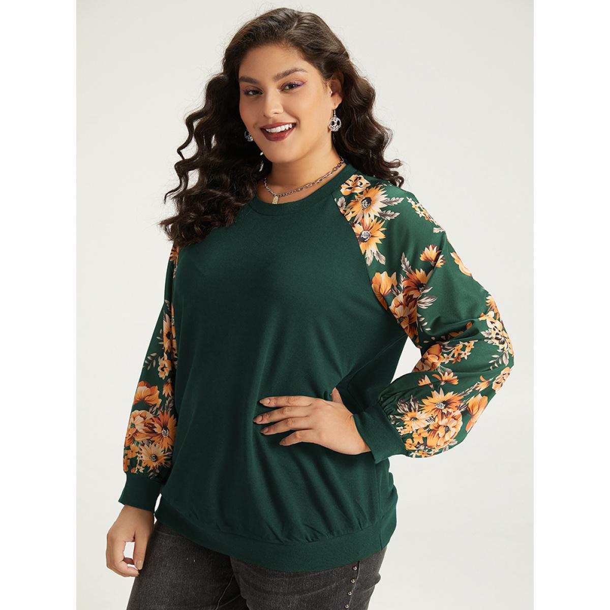Plus Size Halloween Floral Patchwork Print Raglan Sleeve Sweatshirt Women DarkGreen Casual Elastic cuffs Round Neck Festival-Halloween Sweatshirts BloomChic 30/6X Product Image