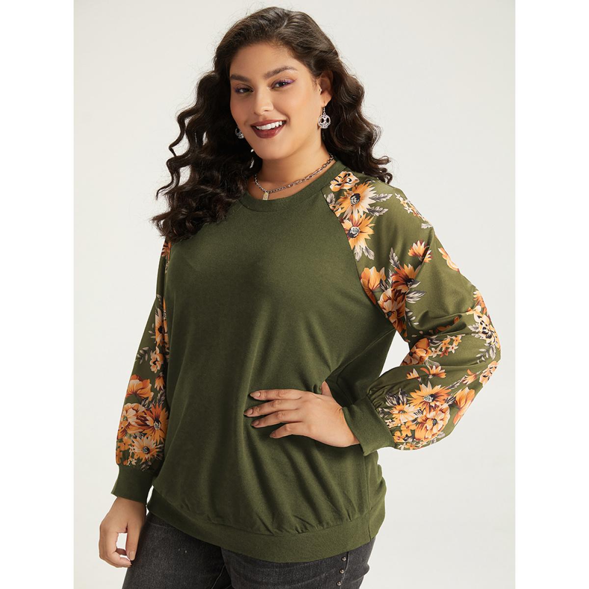 Plus Size Halloween Floral Patchwork Print Raglan Sleeve Sweatshirt Women ArmyGreen Casual Elastic cuffs Round Neck Festival-Halloween Sweatshirts BloomChic 14-16/1X Product Image