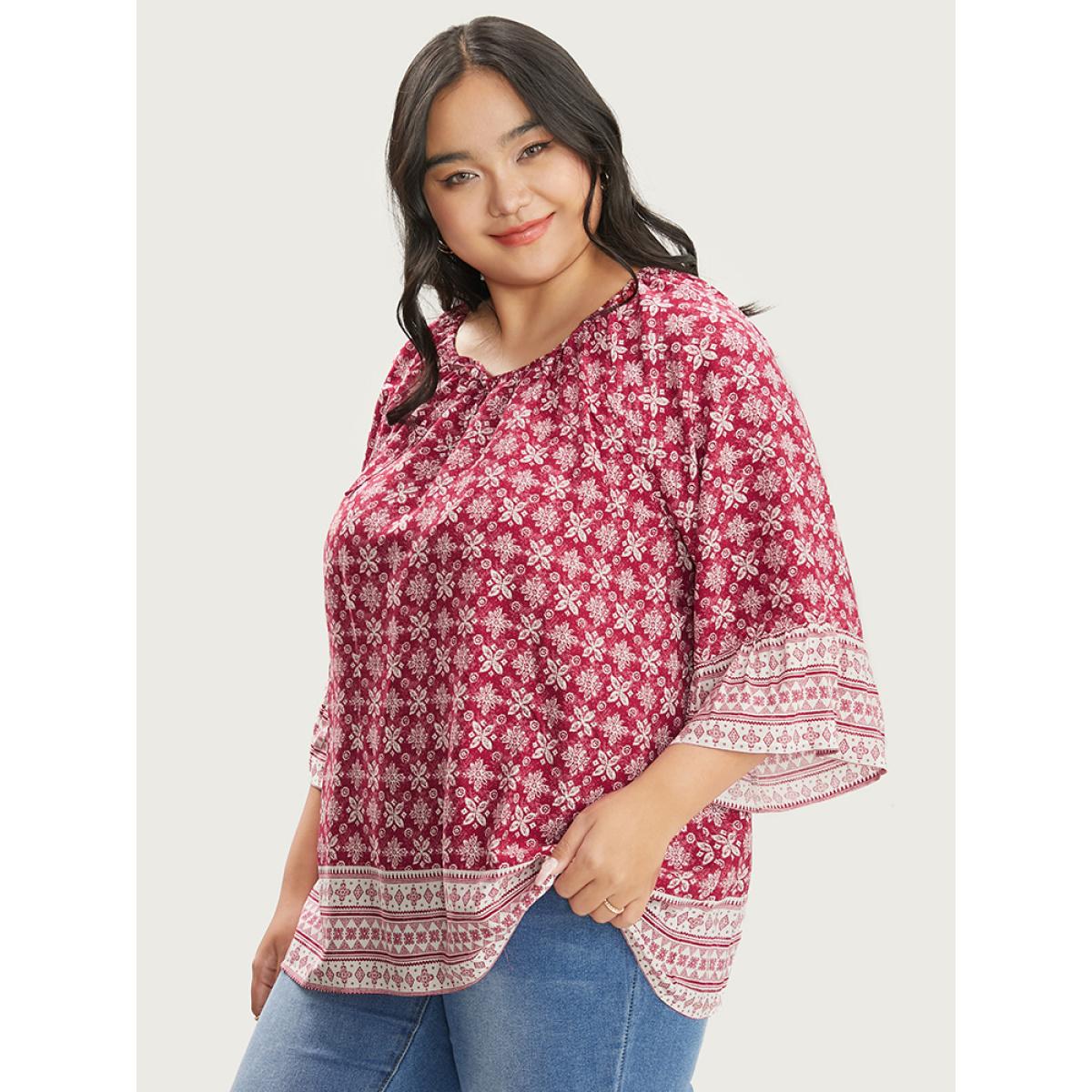 Plus Size Crimson Floral Print Bell Sleeve Knotted Round Neck Blouse Women Vacation Elbow-length sleeve Round Neck Dailywear Blouses BloomChic 22-24/3X Product Image