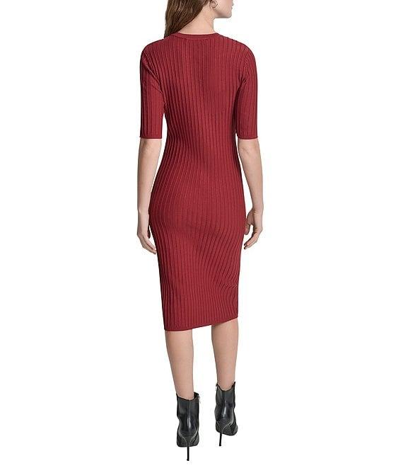 DKNY by Donna Karan Ribbed Knit V-Neck Short Sleeve Zip Front Midi Sheath Dress Product Image