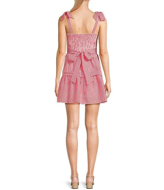 Midnight Doll Gingham Square Neck Tie Shoulder Smocked Bodice Mini Dress Product Image