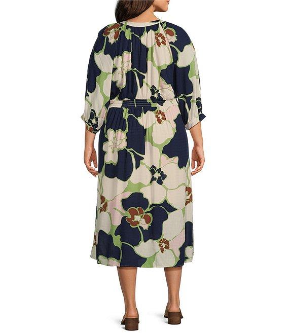 Nurture by Westbound Plus Size Floral V Neck 3/4 Sleeve Midi Dress Product Image