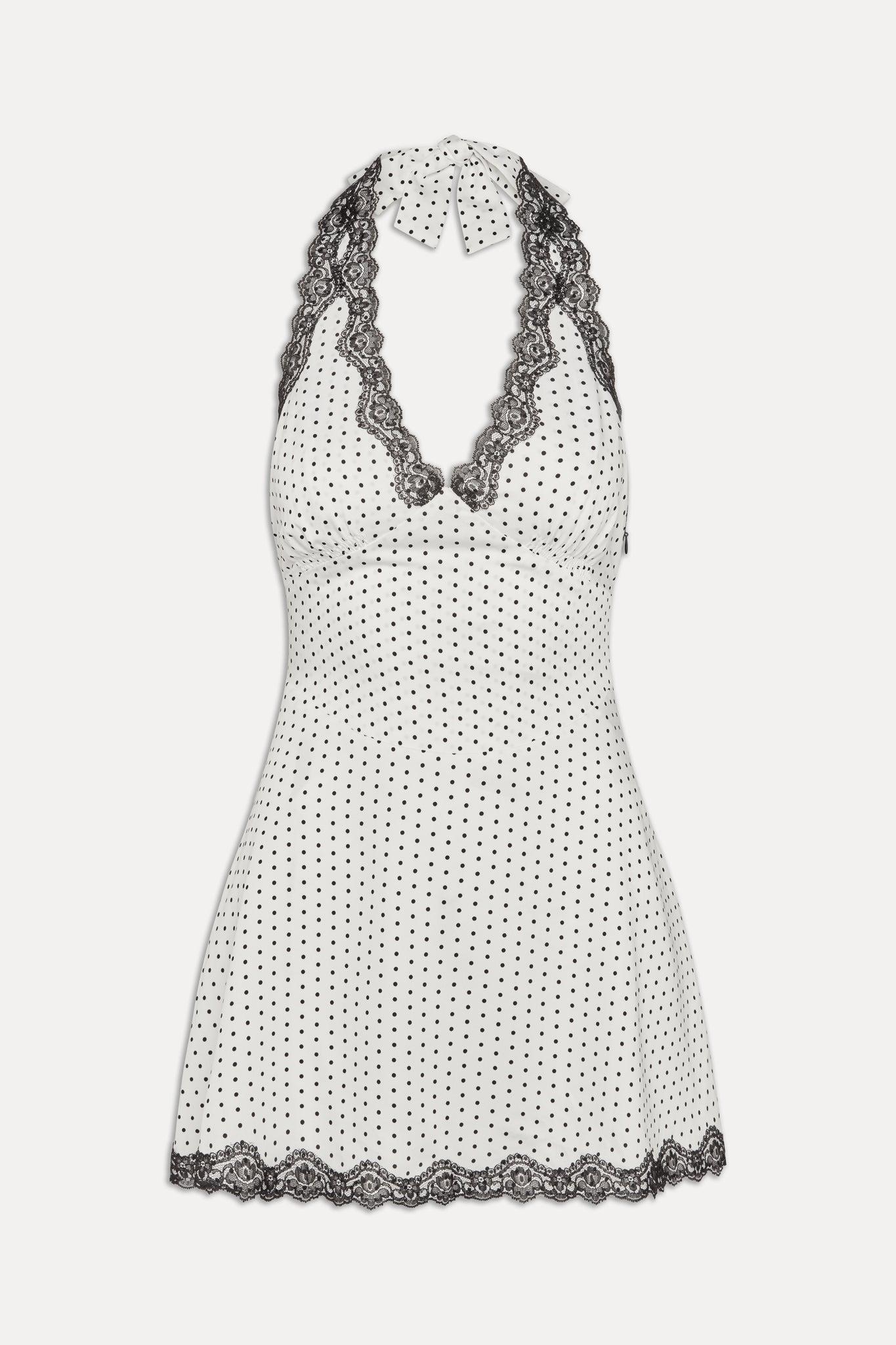 Audrey Satin Mini Dress - White Polka Dot Product Image