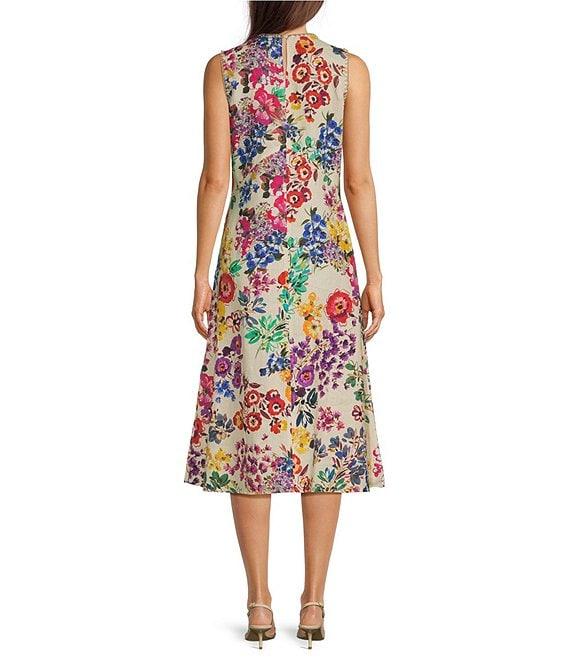 JOHNNY WAS Mixed Floral Printed Linen Crochet Trim Detail Round Neck Sleeveless A-Line Midi Dress Product Image