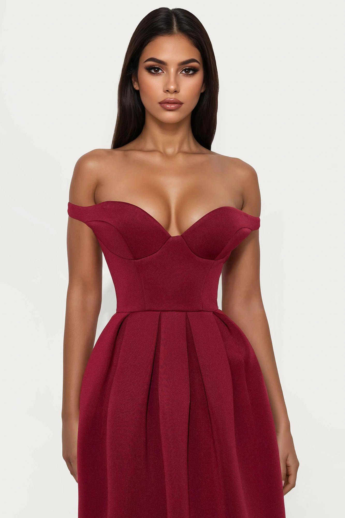 Grand Beauty Off Shoulder Midi Dress - Wine Product Image