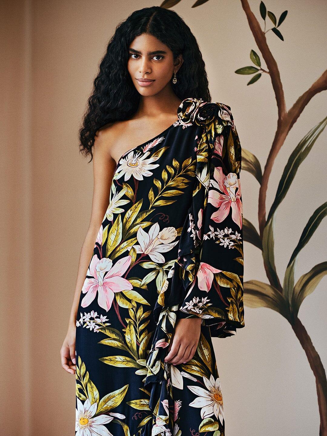 Black Surreal Flowers One-Shoulder Maxi Dress Product Image