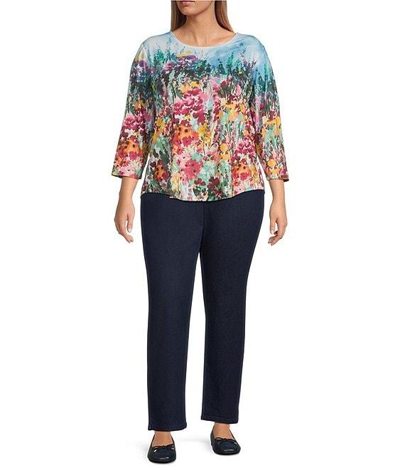 Allison Daley Plus Size Rhubarb Floral Vale Print Embellished 3/4 Sleeve Crew Neck Knit Top Product Image