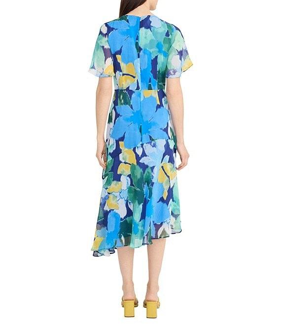 Maggy London Floral Print Round Neckline Short Sleeve Asymmetrical Hem Midi Dress Product Image