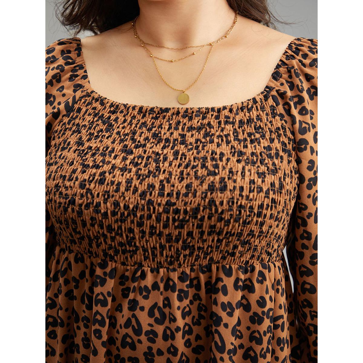 Plus Size Leopard Print Shirred Square Neck Pocket Dress Rust Women Casual Printed Square Neck Long Sleeve Curvy Midi Dress BloomChic 12/L Product Image
