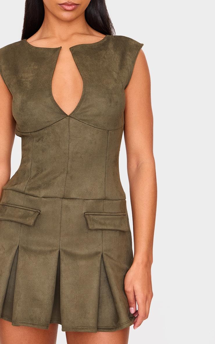 Khaki Faux Suede Pleated Pocket Detail Shift Dress Product Image