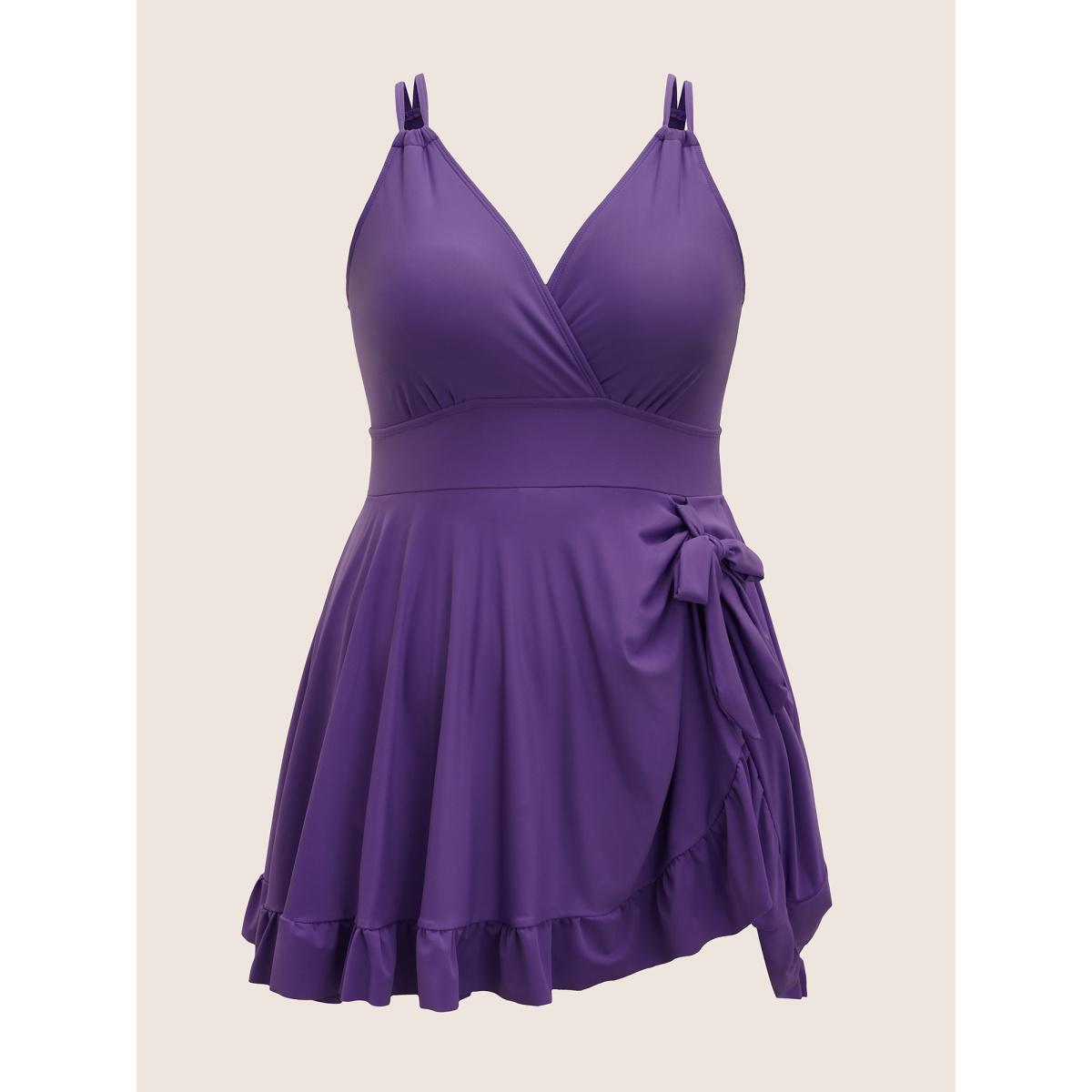 Plus Size V Neck Solid Tie Knot Ruffles Swim Dress Women's Swimwear Mauve Beach Bodycon Overlap Collar High stretch Curve Swim Dresses BloomChic 18-20/2X Product Image