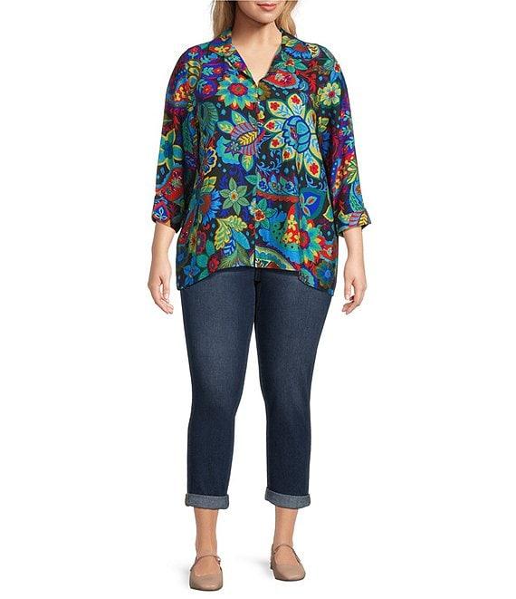 Ali Miles Plus Size Woven Paisley Floral Multi Print Collared V-Neck 3/4 Sleeve Tunic Product Image