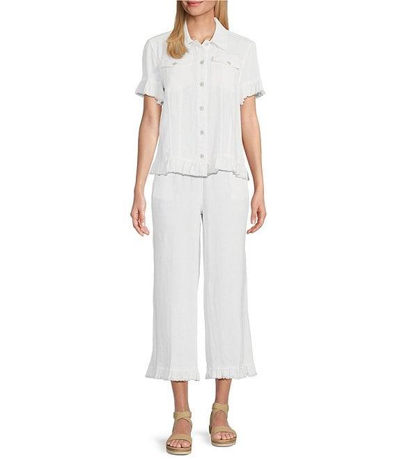 Multiples Petite Size Textured Slub Woven Point Collar Short Sleeve Ruffle Detail Fitted Button Front Jean Jacket Product Image