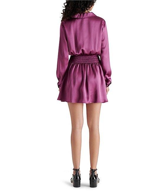 Steve Madden Valerie Satin Point Collar Long Sleeve Smocked Waist Mini Dress Product Image