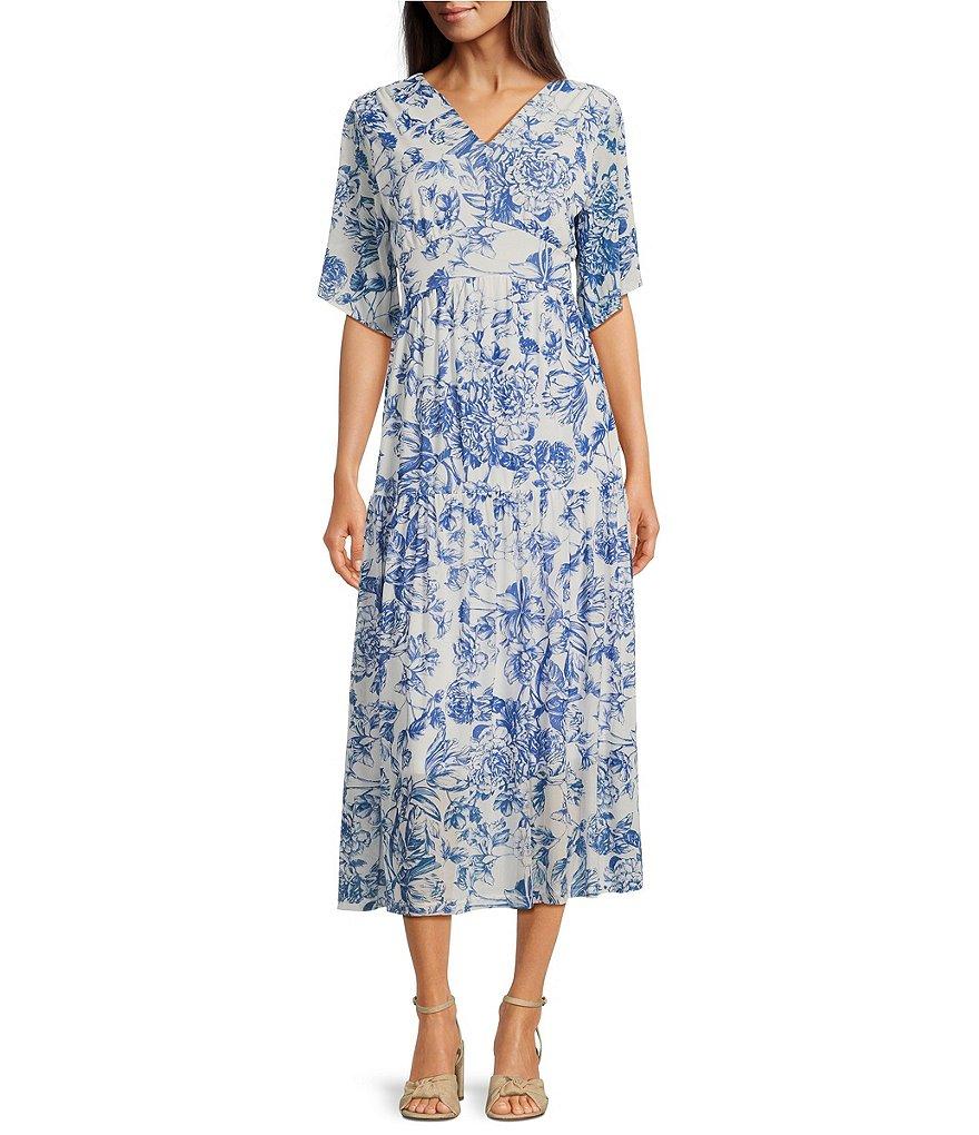 Calessa Porcelain Floral Print V-Neck Elbow Sleeve A-Line Midi Dress Product Image