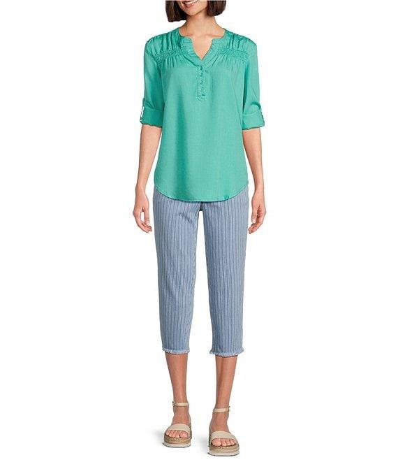 Intro Stripe Print Frayed Hem Pull-On Capri Denim Pants Product Image