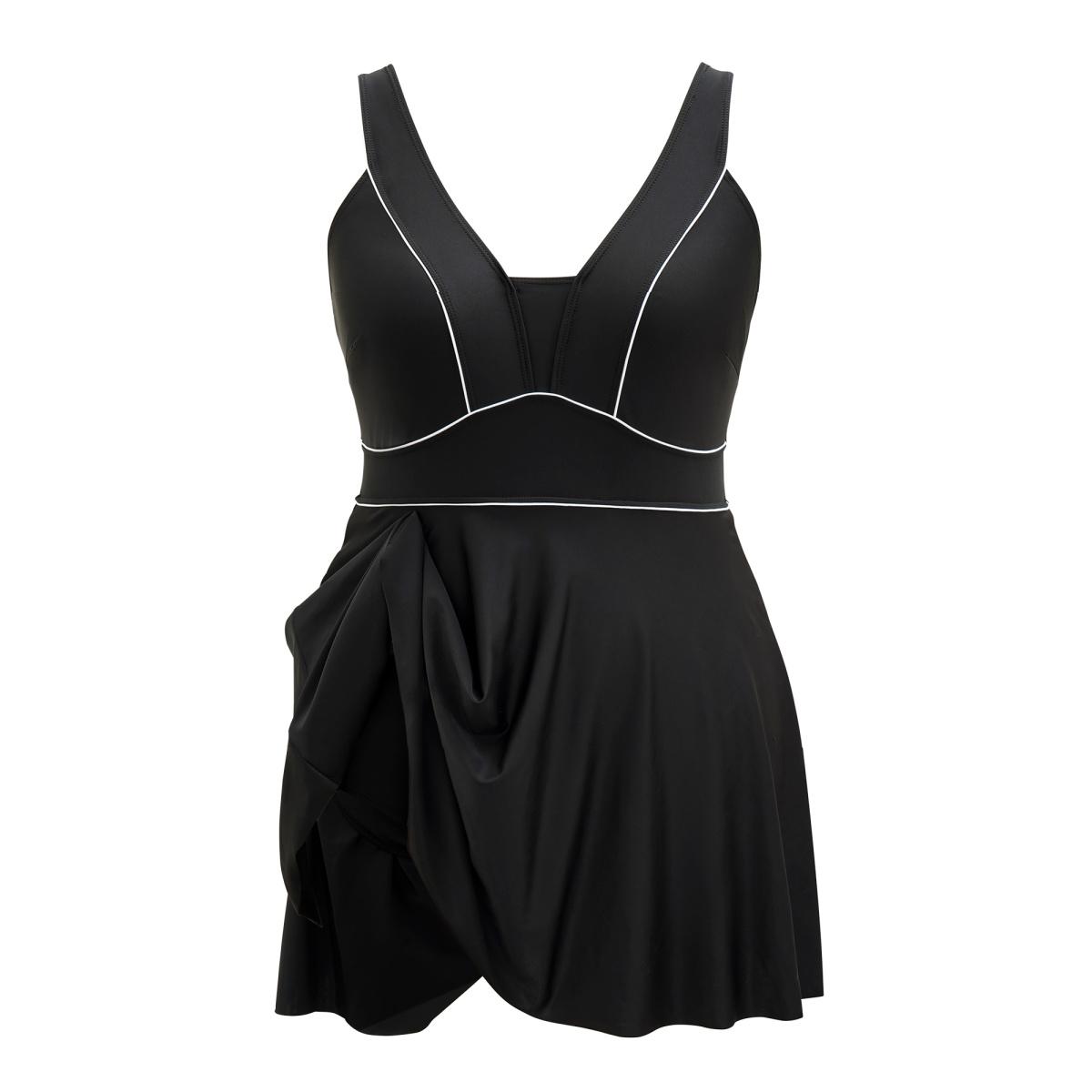 Plus Size Contrast Trim Adjustable Straps Swim Dress Women's Swimwear Black Beach Bodycon V-neck High stretch Curve Swim Dresses BloomChic 26/4X Product Image