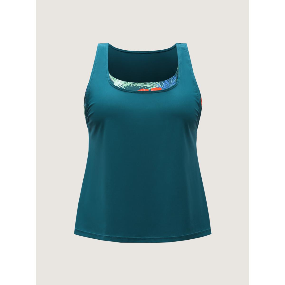 Plus Size Two-Piece Tropical Print Swim Top Women's Swimwear Cyan Beach Drawstring High stretch Bodycon U-neck Curve Swim Tops BloomChic 28/5X Product Image