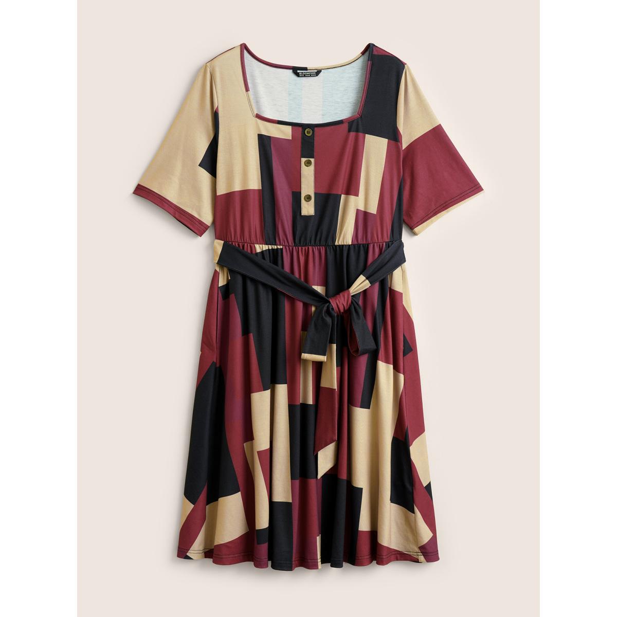 Plus Size Geometric Colorblock Contrast Square Neck Belted Dress Burgundy Women At the Office Non Square Neck Half Sleeve Curvy Midi Dress BloomChic 14-16/1X Product Image