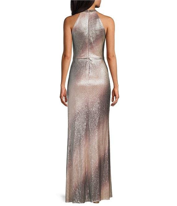 R & M Richards Metallic Ombre Foil Print V-Neck Twisted Ruched Waist Halter Maxi Dress Product Image