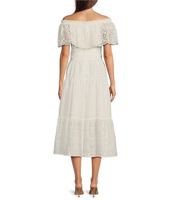 Eliza J Eyelet Strapless Neck Short Sleeve Belted A-Line Midi Dress Product Image