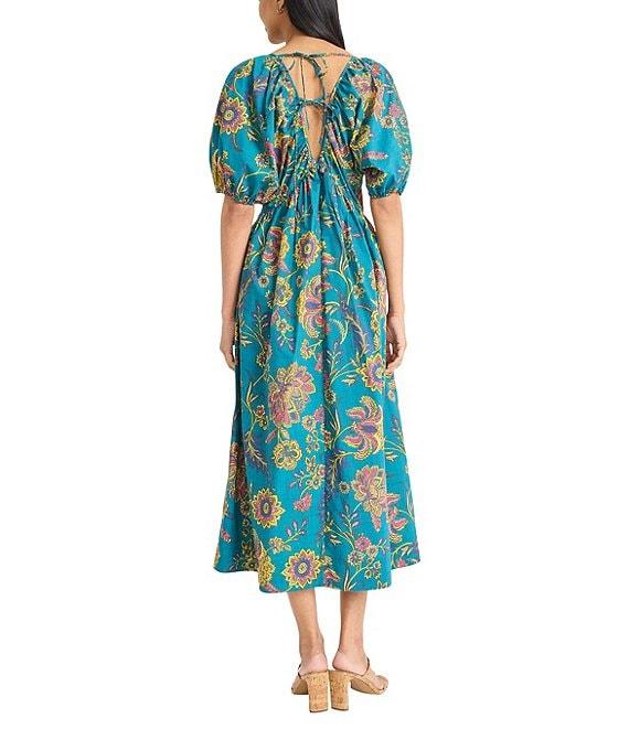 The Good Journey Double V Back Puff Sleeve Floral Print Cotton Poplin A-Line Midi Dress Product Image