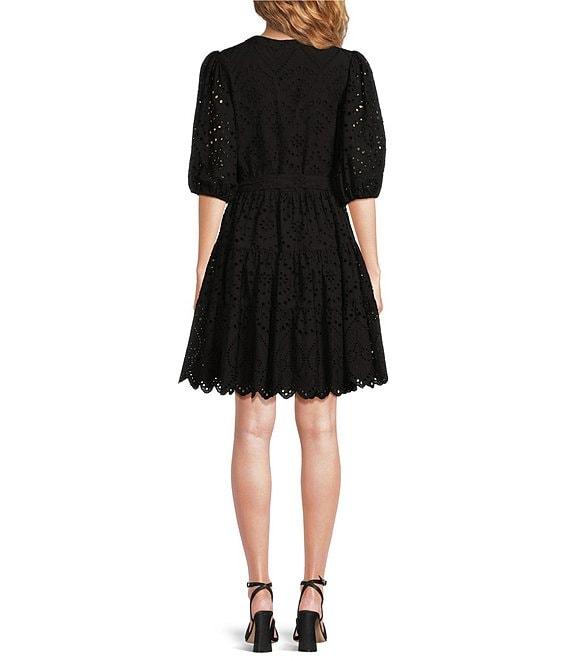 Gibson & Latimer Eyelet Split Round Neck Elbow Puff Sleeve Button Down Belted Scallop Hem Pocketed A-Line Dress Product Image
