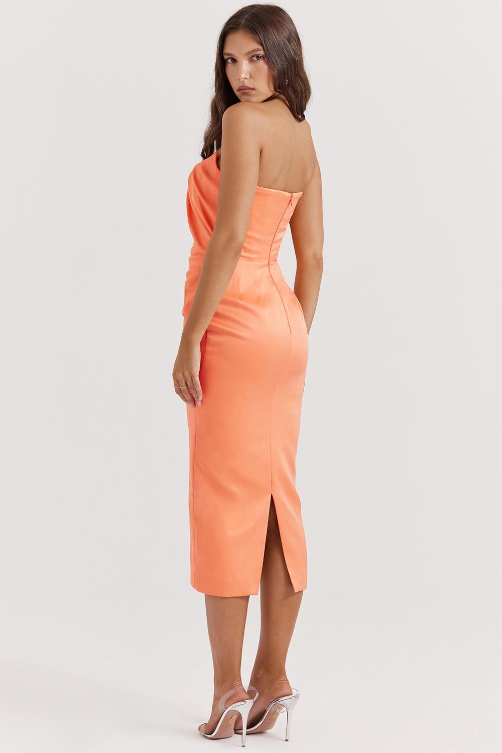 Alora  tangerine strapless corset midi dress Product Image
