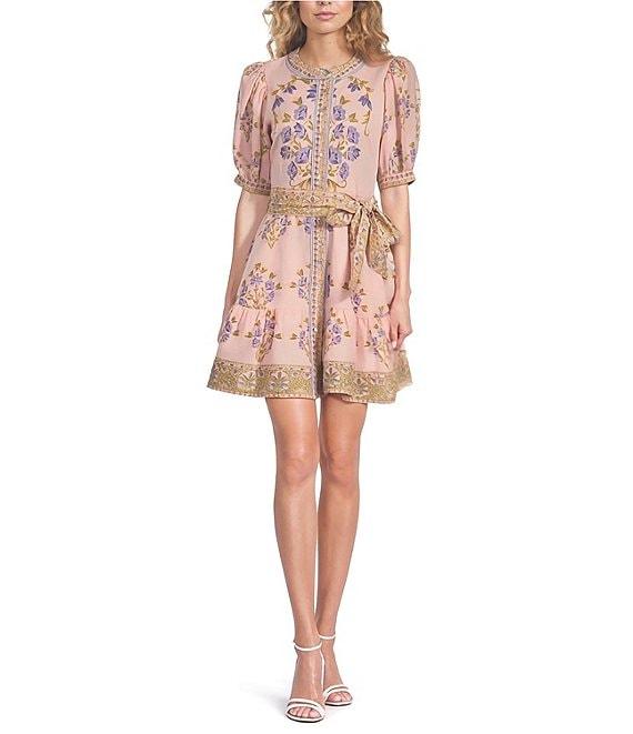 A Loves A Floral Woven Linen Round Neck Short Bubble Sleeve Button Front Tie at Waist A-Line Flounce Mini Dress Product Image