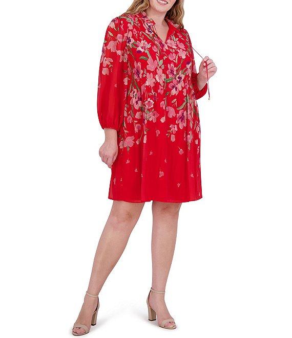 Jessica Howard Plus Size Tie Split Neck Long Balloon Sleeve Pleated Bodice Chiffon Shift Dress Product Image